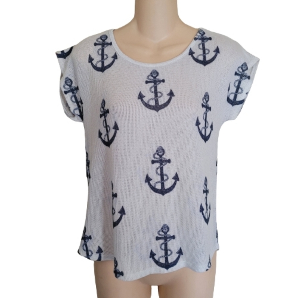 Blu Planet White Anchor Print Knit Cap Sleeve Shirt Top Size Women's Medium